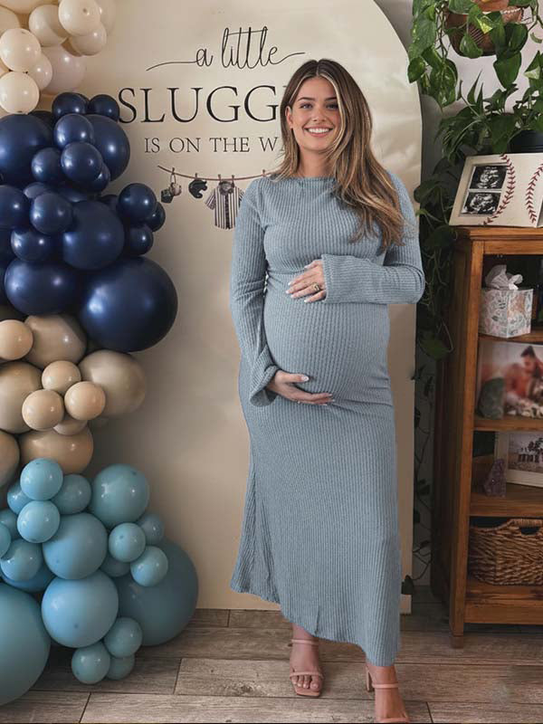 Momyknows Blue Knit Bodycon Basic Maternity Sweater Maxi Dress