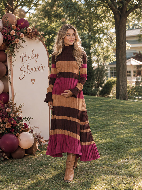 Red Striped Crochet Maternity Maxi Dress with Big Swing Silhouette and Flowing Fit, Baby Shower Occasion