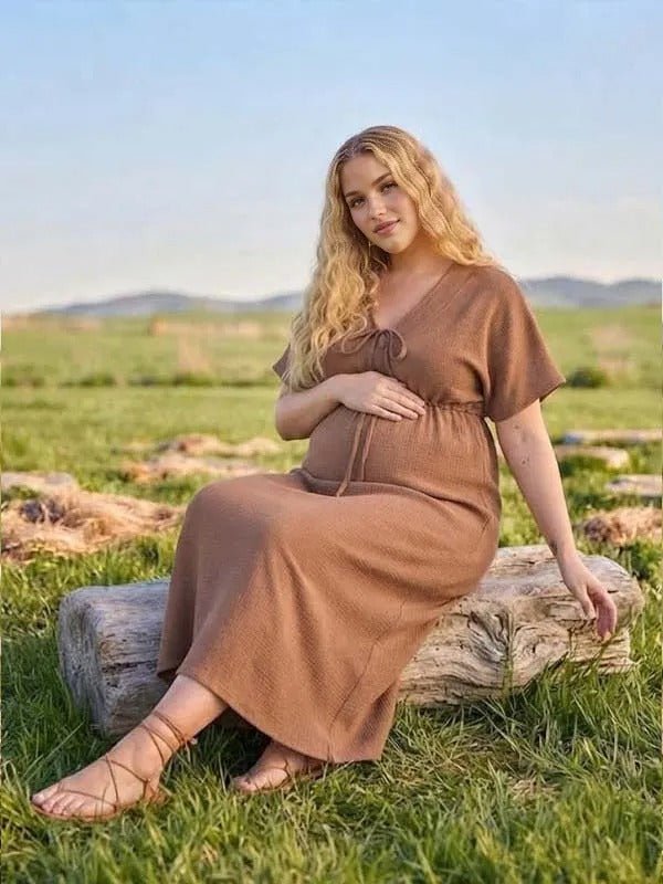 Momyknows Coffee Ruffle Lace-up V Neck Maternity Photoshoot Maxi Dress - Coffee - 2