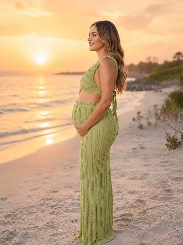 Momyknows Mint Green Midriff Lace Lace-up Backless Ruffle Two Piece Maternity Photoshoot Maxi Dress - Mint Green - 2