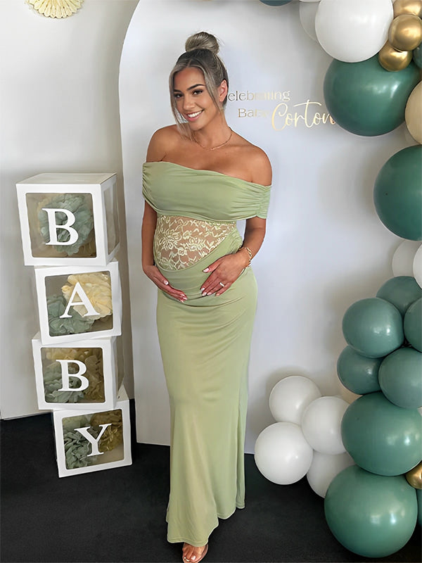 Momyknows Off Shoulder Lace Sheer Splicing Ruched Baby Shower Maternity Maxi Dress Green / 2XL Momyknows Off Shoulder Lace Sheer Splicing Ruched Baby Shower Maternity Maxi Dress Green / 2XL