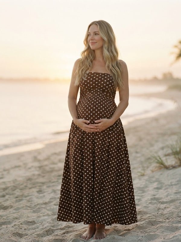 Momyknows Polka Dots Ruched Big Swing Backless Maternity Photoshoot Midi Dress - Brown - 5