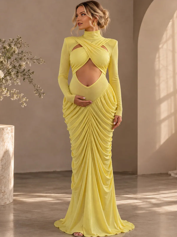 Yellow Maternity Maxi Dress with Ruched Design and Cross Chest Detail