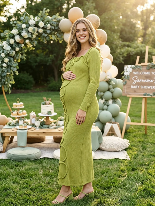 Green Long-Sleeve Maternity Dress with Ruffle and Twisted Details and Square Neckline