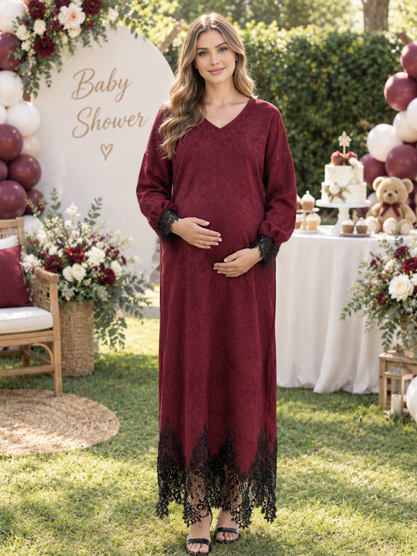 Red Maternity Maxi Dress with Lace Paneling and Asymmetrical Hem and Flattering Fit, Baby Shower Occasion