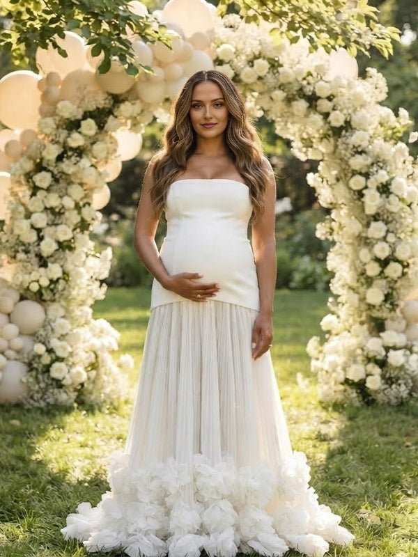 Momyknows White 3D Flower Draped Hem Big Swing Spliced Maternity Baby Shower Maxi Dress - White - 2