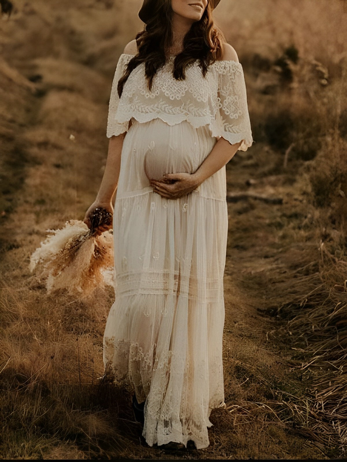 Momyknows White Off Shoulder Lace Tiered Boat Neck Flowy Elegant Maternity Photoshoot Dress White / L Momyknows White Off Shoulder Lace Tiered Boat Neck Flowy Elegant Maternity Photoshoot Dress White / L