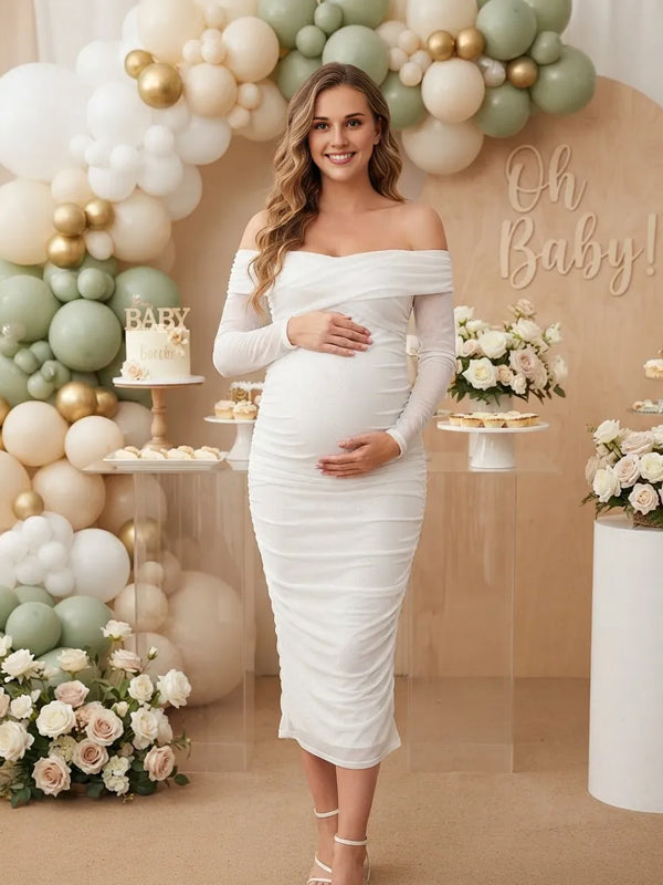 White Off-the-Shoulder Maternity Dress with Ruffle and Tulle Details and Form-Fitting Silhouette, Baby Shower