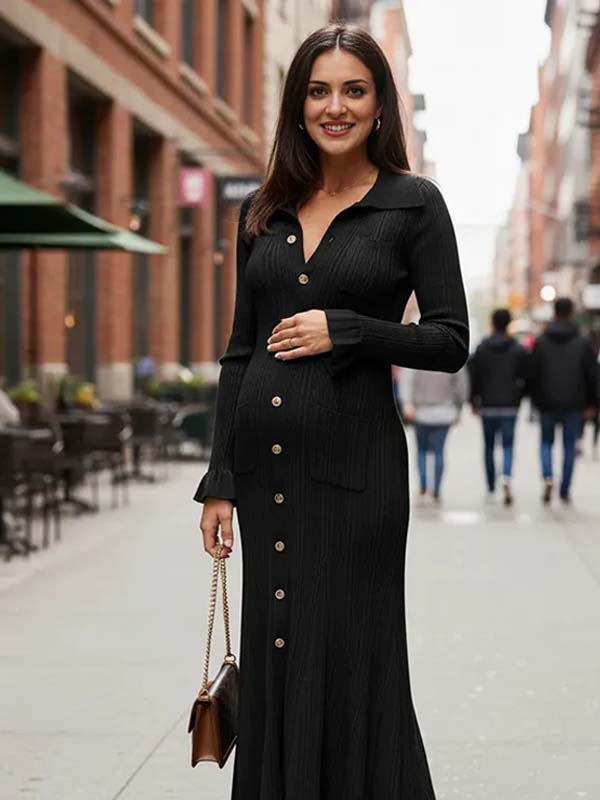 knitted ruffle breasted dress Classic Poise Black Ruffle Trim Knit Midi Dress, Black XL