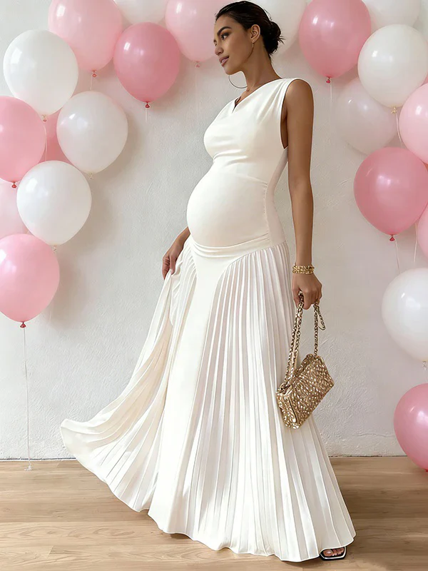maternity white maxi dress Momyknows Chic White Pleated A-Line Cocktail Baby Shower Maternity Maxi Dress White / 2XL