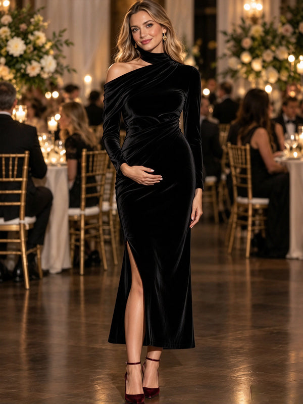 Black Elegant Maternity Maxi Dress with Oblique Neckline and Ruched Details and Flowing Side Slit Design