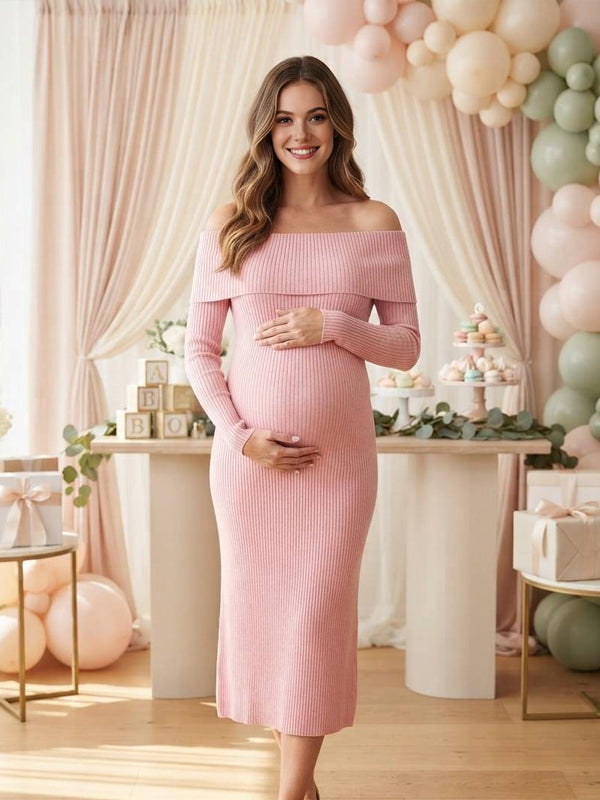 Pink Knitted Maternity Dress with Off-the-Shoulder Design and Flattering Fit, Baby Shower