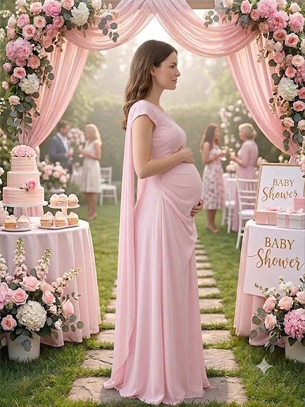 Momyknows Pink One-shoulder Ruffle Mermaid Splicing Maternity Baby Shower Maxi Dress - Light Blue - 5