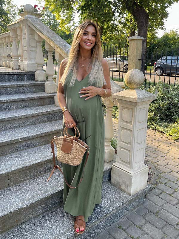 Momyknows Army Green Solid Color Pockets Daily Casual V-neck Going Out Baby Shower Maternity Maxi Dress