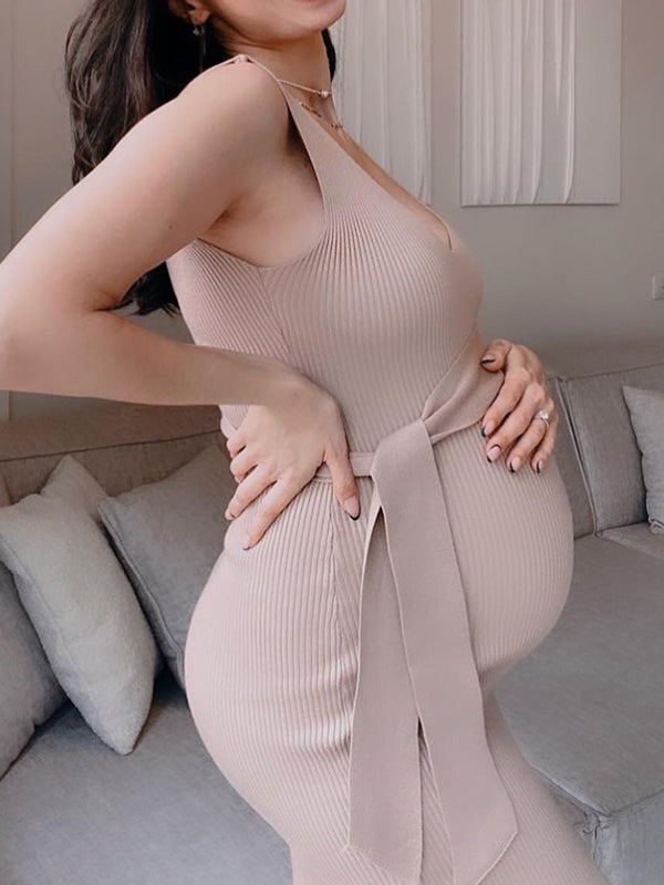 Momyknows Belly Friendly Belt Condole Belt Knit V-neck Babyshower Maternity Midi Dress