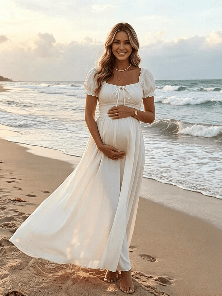 Momyknows White Ruffle Ruched Lace-Up Summer Beach Photoshoot Maternity Baby Shower Maxi Dress - White - 6