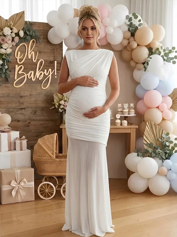 Momyknows Ruched Sheer Grenadine Splicing Maternity Baby Shower Maxi Dress