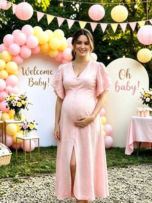 Momyknows Single Breasted Side Slit Solid Color Maternity Baby Shower Midi Dress - Pink - 3