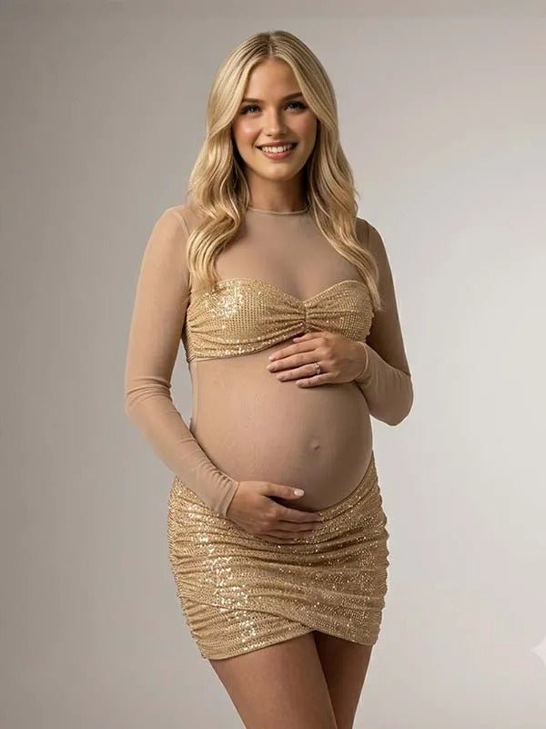 Momyknows Black Sheer Grenadine Hotfix Rhinestones Midriff Maternity Photoshoot Mini Dress - Apricot - 3