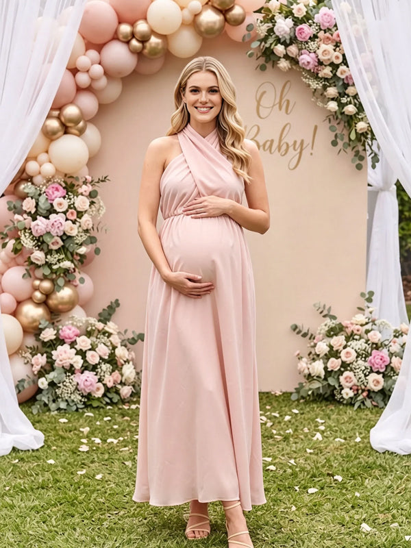 Pink Halter-Neck Maternity Dress with Tie Detail and High-Waisted Loose Fit, Baby Shower