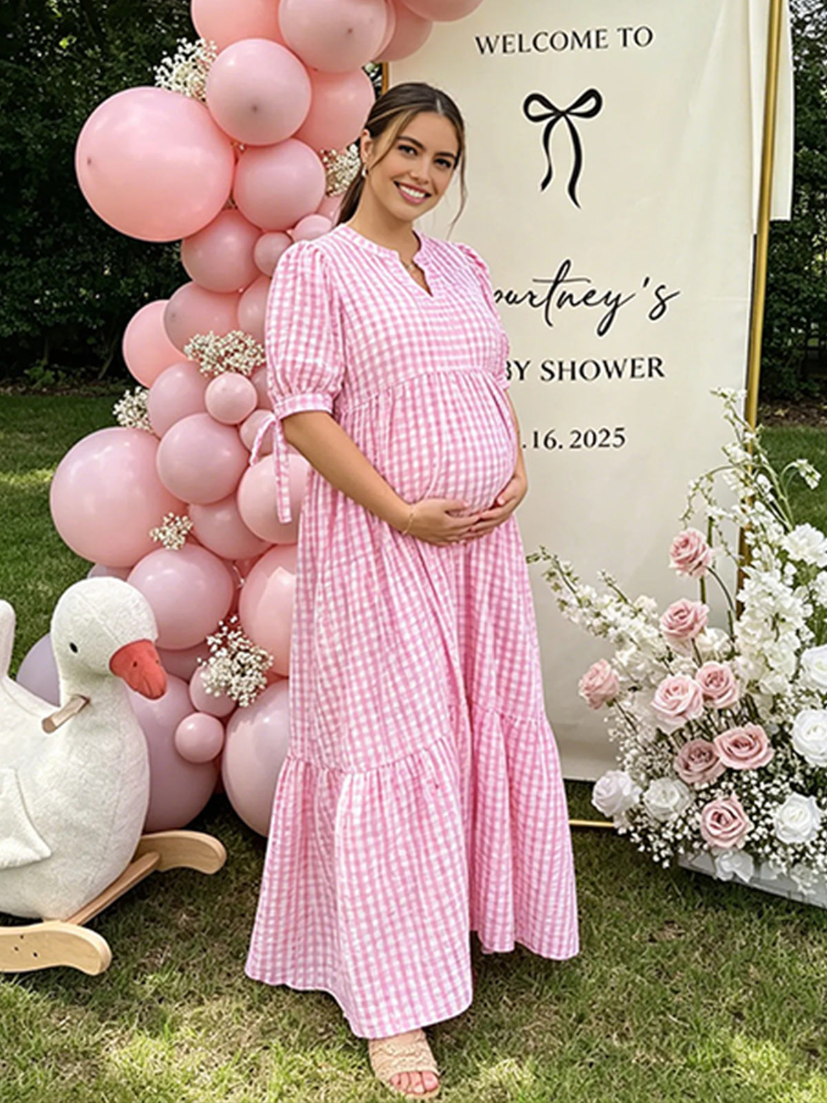 Momyknows Bowknot Gingham Lace-up Flannel V-neck Pink Photoshoot Baby Shower Maternity Maxi Dress