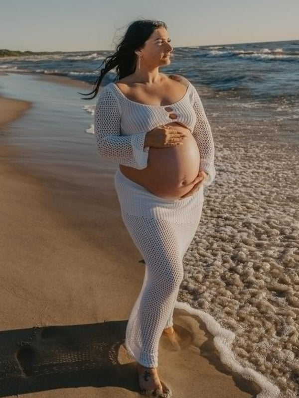 Momyknows White 2 Piece Crochet Mesh Backless Flare Sleeve Bodycon Vacation Beach Photoshoot Baby Shower Maternity Maxi Dress