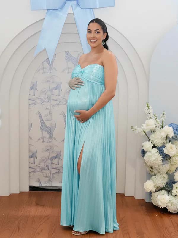 Momyknows Metallic Color Pleated Bandeau Cross Chest Side Slit Big Swing Maternity Maxi Dress