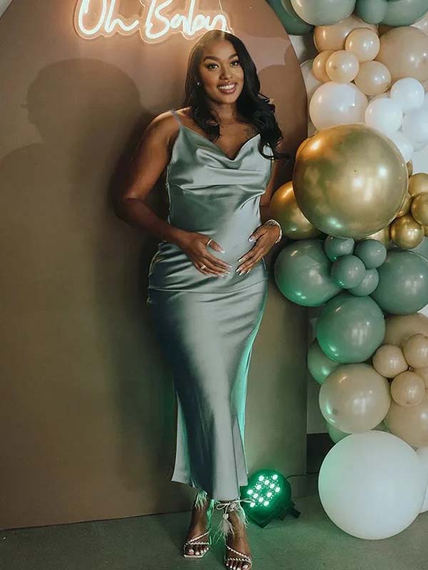 Momyknows Green Satin Cami Cowl Neck Bodycon Maternity Maxi Dress