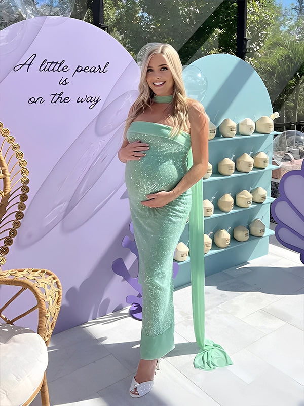 Momyknows Mint Green Sequins Wrap Back Slit Baby Shower Maternity Maxi Dress