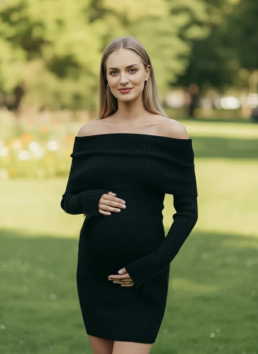 Momyknows Knit Off Shoulder Textured Flare Sleeve Bodycon Maternity Mini Dress Momyknows Knit Off Shoulder Textured Flare Sleeve Bodycon Maternity Mini Dress