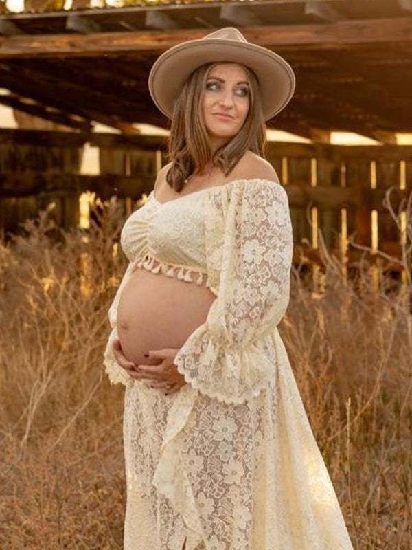 Momyknows Boho Lace Off Shoulder Lace Tassel Crop 2-in-1 Side Slit Ruffle Photoshoot Maternity Maxi Dress Apricot / L Momyknows Boho Lace Off Shoulder Lace Tassel Crop 2-in-1 Side Slit Ruffle Photoshoot Maternity Maxi Dress Apricot / L