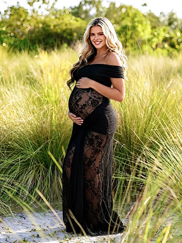 black lace off the shoulder maternity dress Black Lace Ruffle Tiered Off Shoulder Maternity Midi Dress