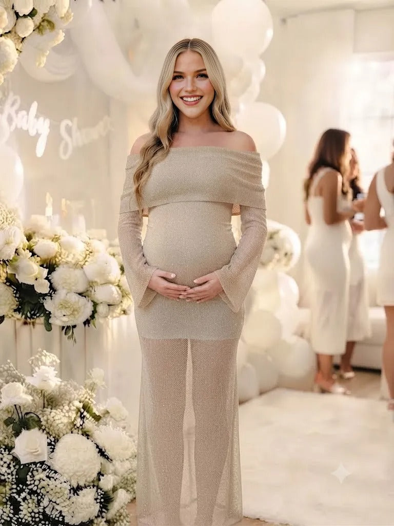 Momyknows Apricot Sheer Ruffle Off Shoulder Two Piece Maternity Maxi Dress