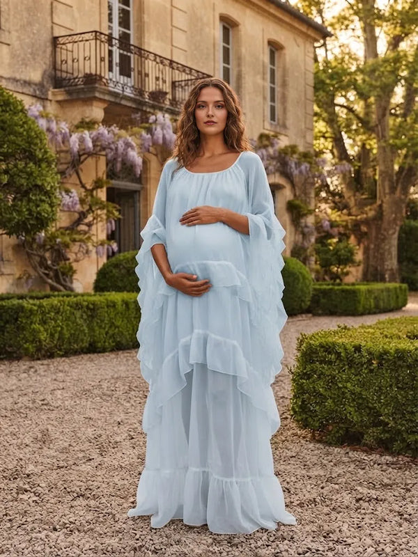 Sky Blue Sheer Maternity Maxi Dress with Ruffle Detail and Lantern Sleeve Design and Flattering Silhouette, Photoshoot Style
