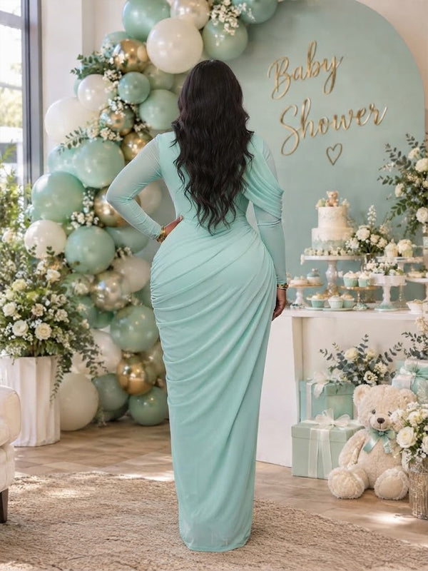Blue Ruched Maternity Maxi Dress with High Side Slit and Fitted Silhouette