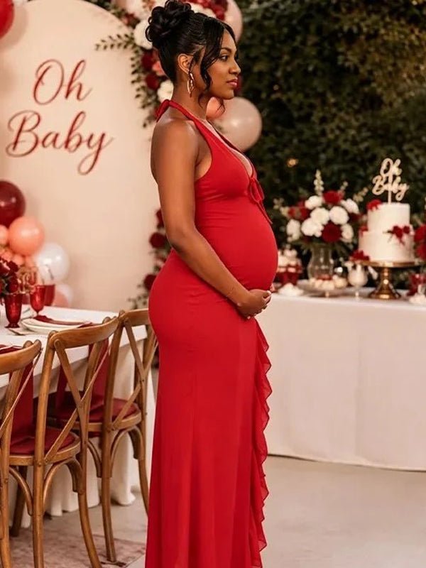 Momyknows Red Open Back Lace-Up High Waist Irregular Side Slit Maternity Baby Shower Maxi Dress - Red - 2