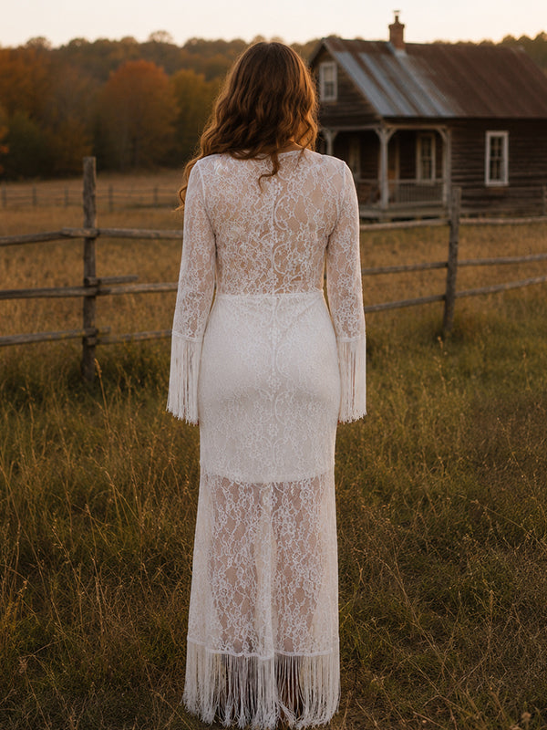 White Lace Maternity Maxi Dress with Deep V Neck and Tassel Detail and Flattering Silhouette