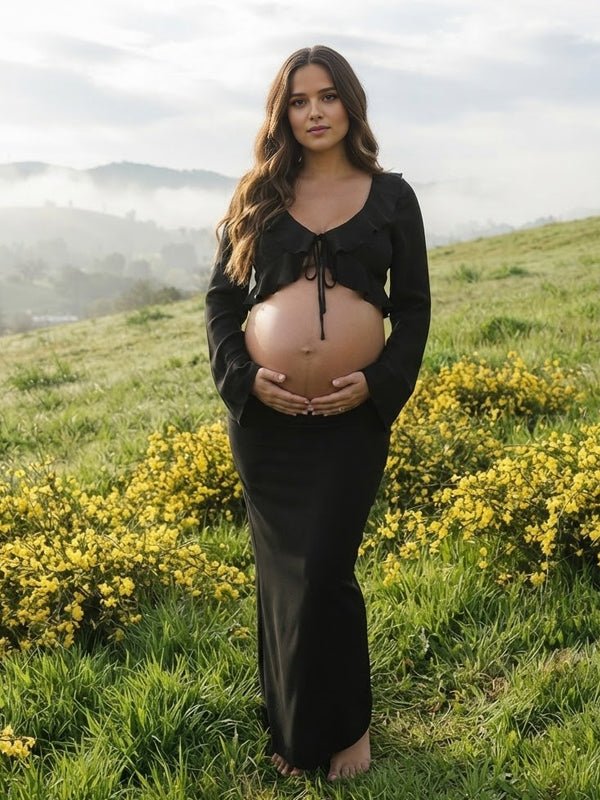 Momyknows Ruffle Lace Up Two Piece Maternity Photoshoot Maxi Dress - Black - 7