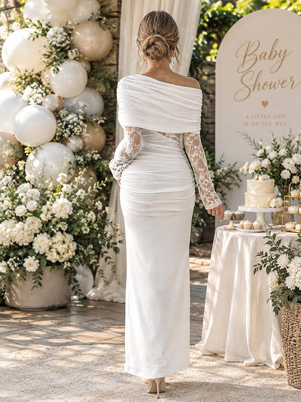 White Ruched Maternity Maxi Dress with Elegant Lace Detail and Oblique Shoulder Design