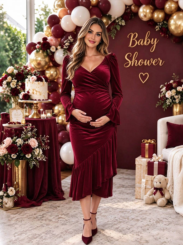 Wine Red Irregular Flare Sleeve Pleuche Maternity Midi Dresses