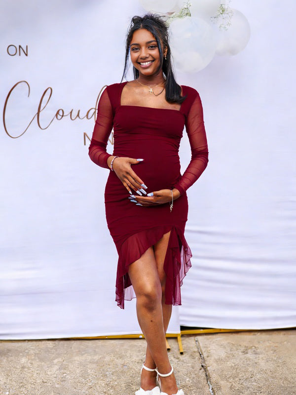Momyknows Wine Red Ruched Sheer Spliced Grenadine Maternity Baby Shower Mini Dress