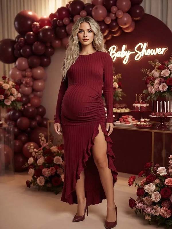Momyknows Wine Red Ruffle Side Slit Irregular Falbala Maternity Baby Shower Maxi Dress