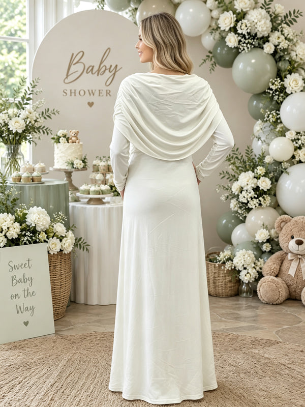White Maternity Dress with Ruching and Off-the-Shoulder Ruffle Details
