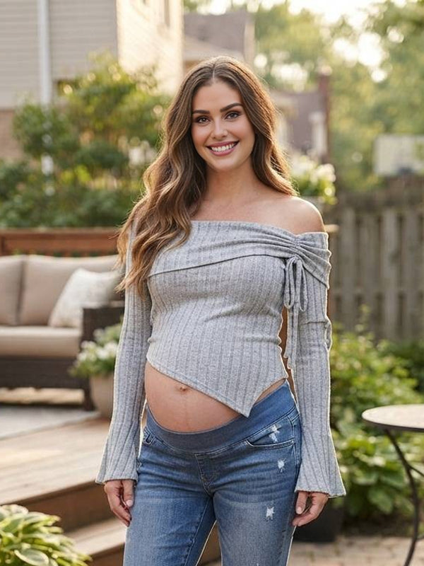 Grey Off-Shoulder Irregular Drawstring Maternity Top with Flattering Fit, Photoshoot