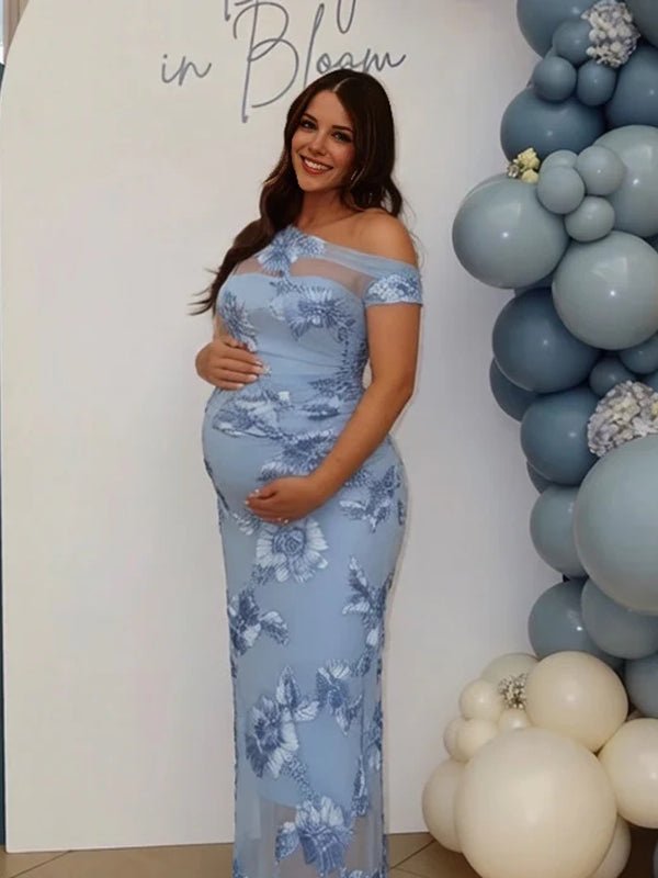 Momyknows Chic Blue Bodycon Oblique Shoulder Embroidery Flowers Baby Shower Maternity Maxi Dress, Blue / M