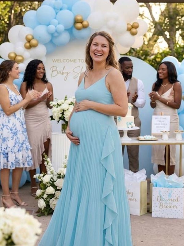 Momyknows Sky Blue Pleated Ruffle Flowy Spaghetti Strap Photoshot Maternity Maxi Dress - Blue - 2