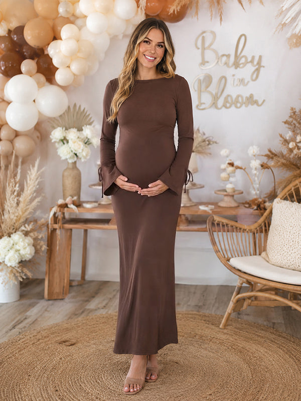 Brown Elegant Lace Up Baby Shower Maternity Maxi Dress