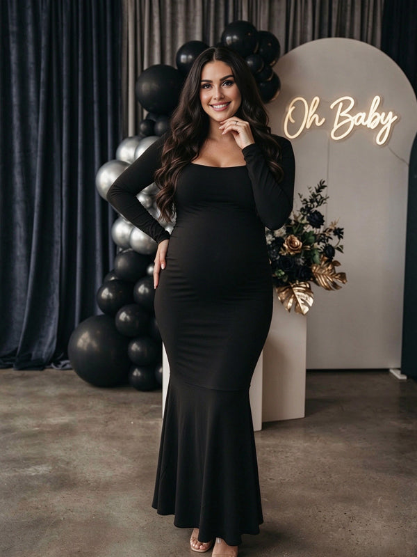 Black High-Waisted Maternity Maxi Dress with Square Neck and Splicing Details