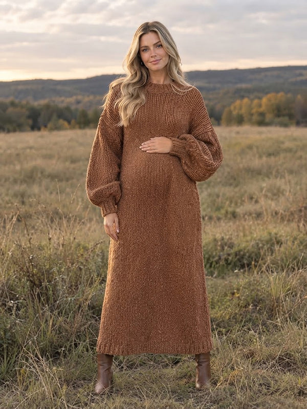 Brown Crochet Sweater Maternity Maxi Dress with Lantern Sleeves and Cozy Fit