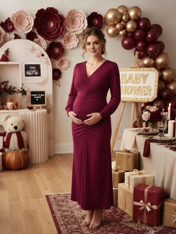 Momyknows Long Sleeve V-neck Ruffle Solid Color Maternity Baby Shower Maxi Dress